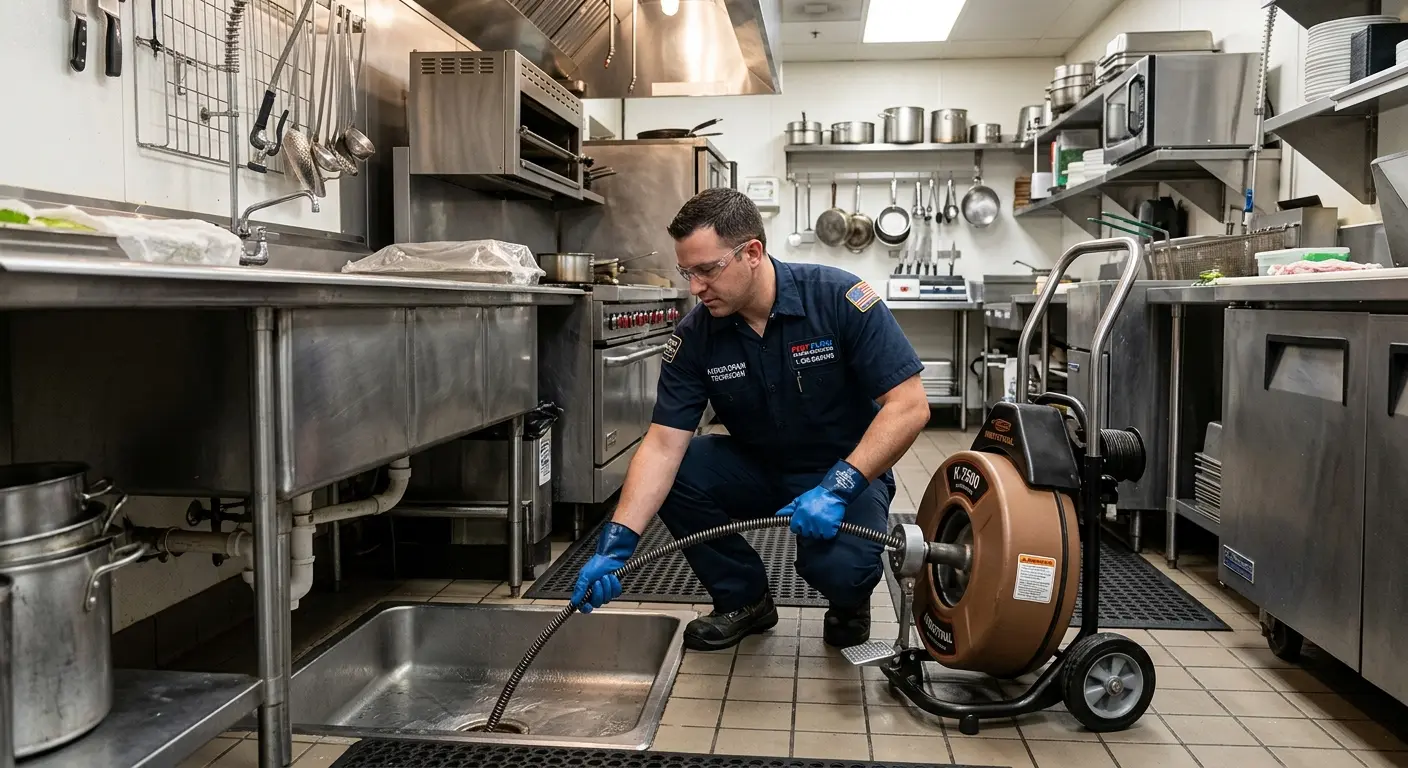 Commercial drain cleaning service in a restaurant kitchen in Rockport