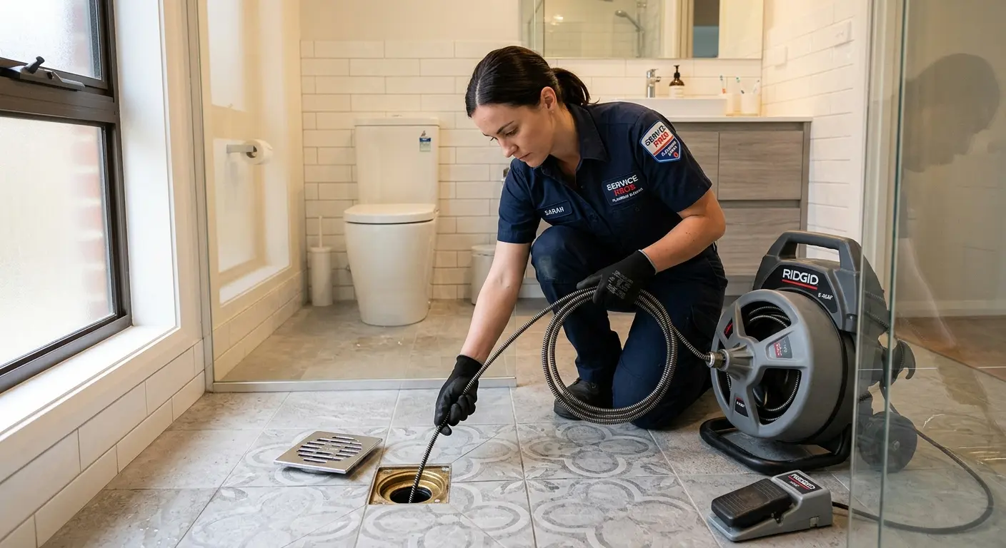 Technician clearing a bathroom floor drain for Sewer Line Installation in Rockport